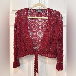 Zashi Cropped Crochet Cardigan Women Size M Front Tie Festive Holiday 90's Y2K